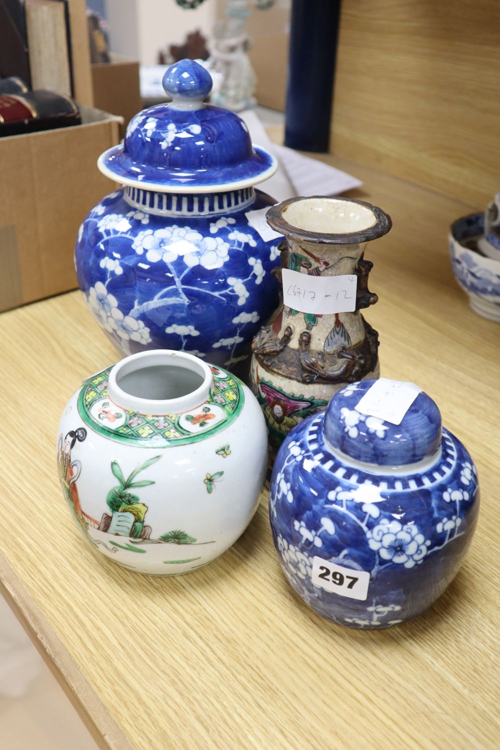 Two Chinese blue and white jars, a famille verte jar and a crackleglaze vase